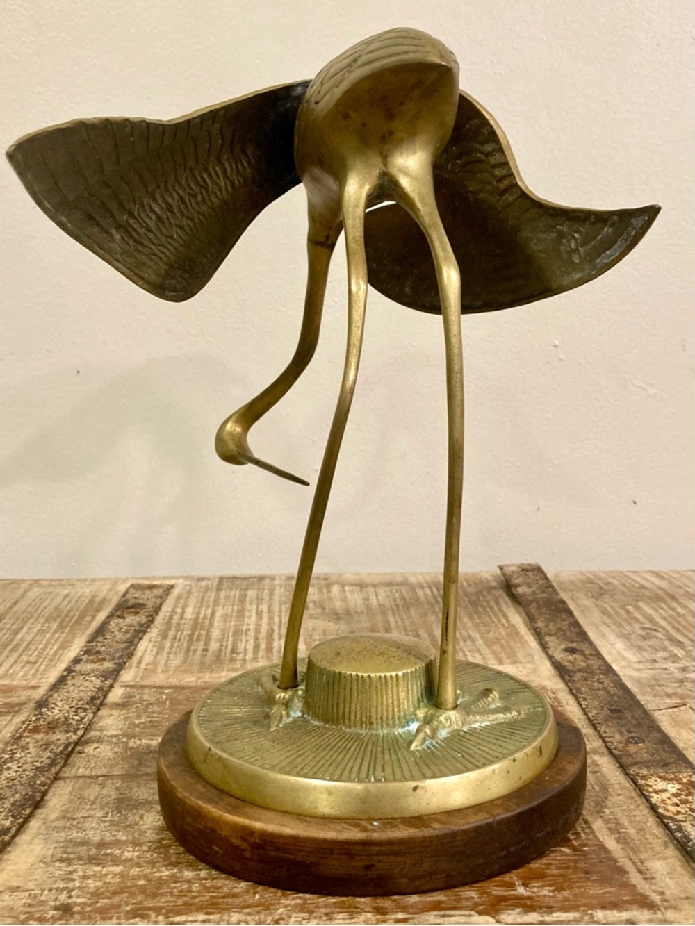 Vintage Crane Sculpture on Wood Base Mid Century Modern Decor 11.5” Brass Color - Picture 4 of 16